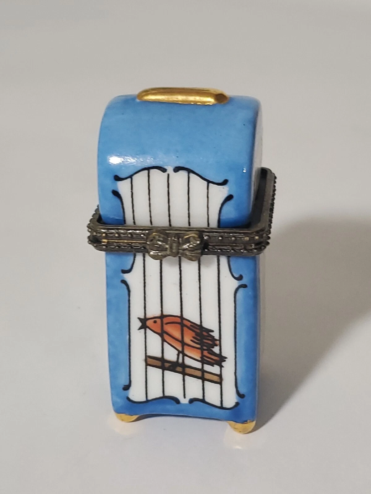 Vintage Porcelan Bird Cage Songbird Blue Hinged Opening Pill/Trinket Box