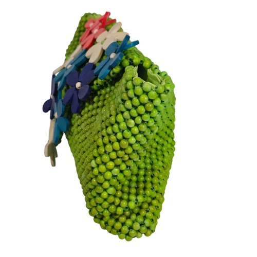 Pochette boho perline legno fiori applicazione retrò verde borsetta estate festival - Foto 4 di 15