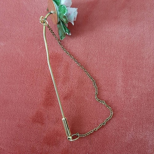 Vtg Ceramic Pink Rose Stick Pin Floral Boutonniere Brooch with Chain Clasp - Picture 5 of 8