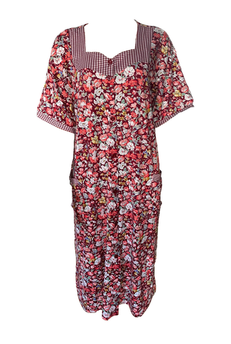 Damen Schürzenkleid Hauskleid Kurzarm Geblümt Rot Blau Navy Gr. M L XL 2XL 3XL - Picture 2 of 4