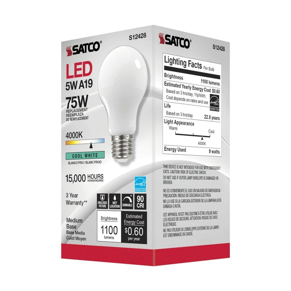 Satco S12428 - 11 Watt LED A19 Soft White LED Bulbs - 4000K - 120 Volt (6 pack) - Image 4 of 4