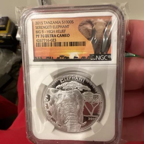 2015 Tanzania Silver S1000S 1oz Serengeti Elephant Big 5 High Relief NGC PR PF70