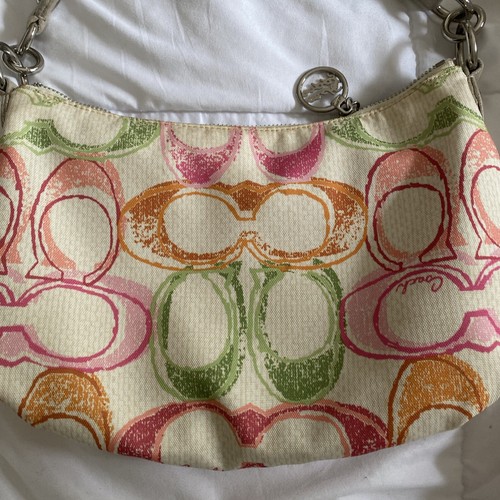 Coach Poppy multi colored bag. Snapped Outside Pocket Inside Zippered. Peach. - Picture 9 of 19