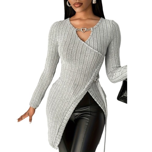 Women Sexy Solid V Neck Solid Slim Fit Tee Blouse Casual Long Sleeve Wrap Tops - Picture 10 of 21