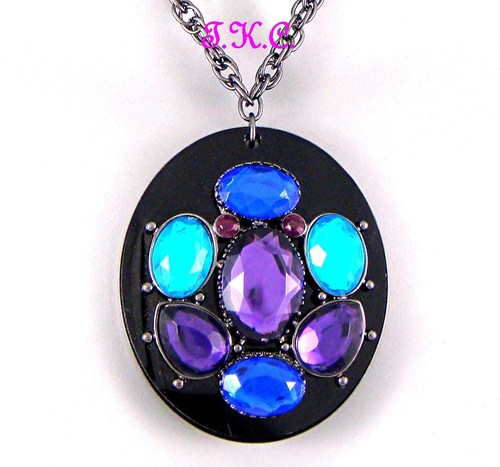 Big Colourful Retro Rainbow Beatnik Mod Eames Ossie Heart Oval Black Gem Pendant - Picture 15 of 28