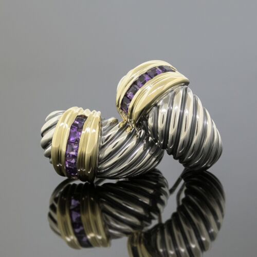 D.Yurman Amethyst Thoroughbred Cable Shrimp Hoop Earrings Silver/14K Yellow Gold - Picture 2 of 5