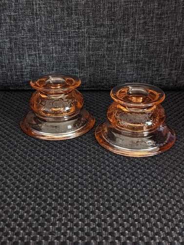 2 Pcs Vintage Pink Depression Federal Glass Madrid Candle Holders 1930's VGC!!!