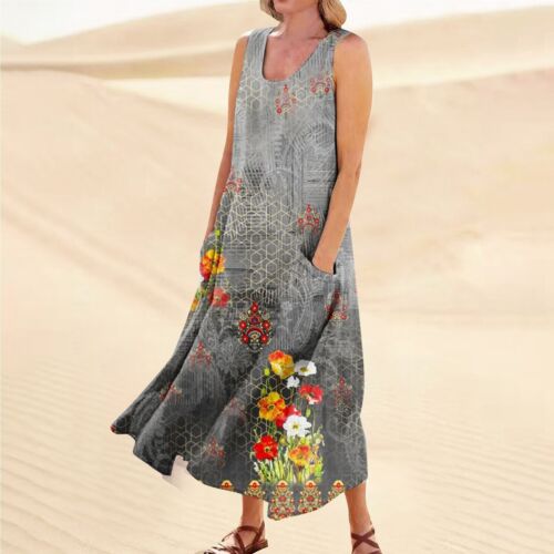 Women's Summer Casual Fashion Printed Sleeveless Round Neck Pocket Dress - Picture 9 of 13
