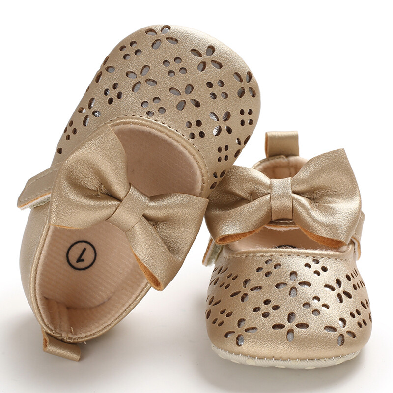 Newborn Baby Girl Gold Bow Pram Shoes Infant First Step Shoes Wedding Dress Shoe