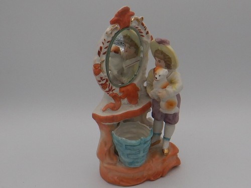 Antique Bisque Girl Dog w/Mirror Figurine C 1900 Match Holder Striker German - Picture 2 of 7