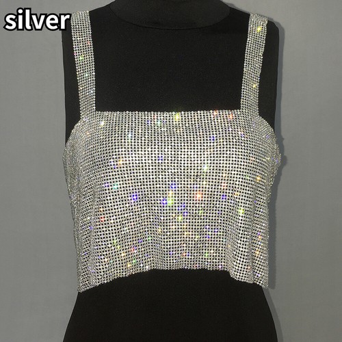 Lady Shiny Sequin Tank Crop Tops Bling Body Chain Bra Mesh Party Club Nightwear - Picture 14 of 20