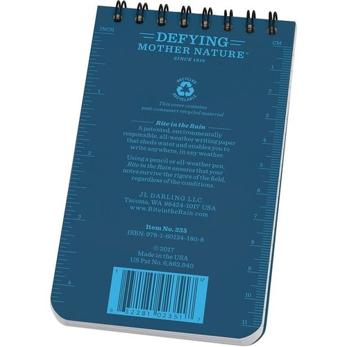 Rite in the Rain Notebook 235 Top Spiral Waterproof All Weather 3" x 5" Blue - Picture 4 of 4