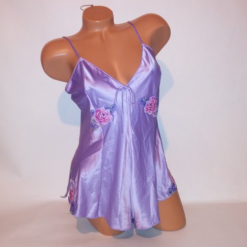 Victoria Secret Lingerie Romper One Piece Purple Satin Embroidered Floral New - Picture 2 of 22