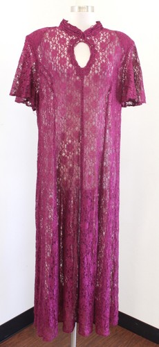 Vtg 90s Sheer Burgundy Lace Mandarin Collar Keyhole Dress Size 2X ? 22 24