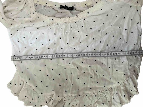 Zara Basic Off Shoulder White And Black Stars Top-Casual-Cute-Frilly-Ruffle Hem - Picture 7 of 10