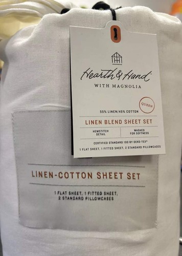 Hearth & Hand with Magnolia Hem Stitch QUEEN Linen Blend Sheet Set Cream - Picture 3 of 3