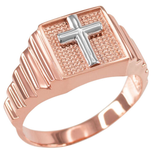 Two-tone Rose Gold Cross Square Religious Men's Ring - Picture 1 of 1