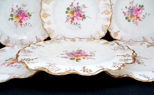 6 Royal Crown Derby England Dessert Plates w/ Gilt Trim ~ "Vine with Posies" - Picture 2 of 9