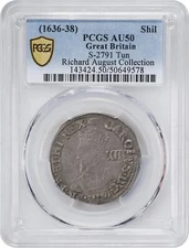ENGLAND  KING CHARLES I   1636-1638  1 SHILLING SILVER COIN, PCGS CERTIFIED AU50