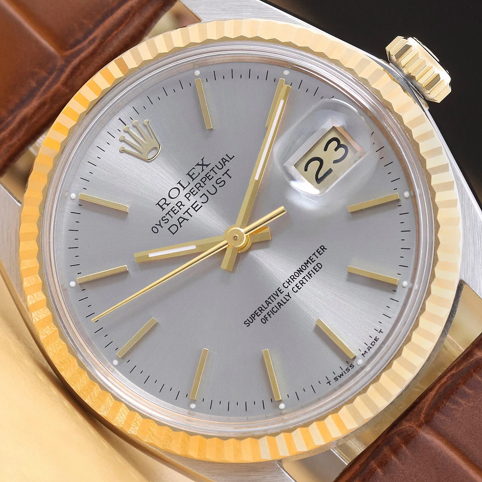 ROLEX MENS DATEJUST 16013 GRAY DIAL 18K GOLD STEEL WATCH w/ BROWN LEATHER BAND