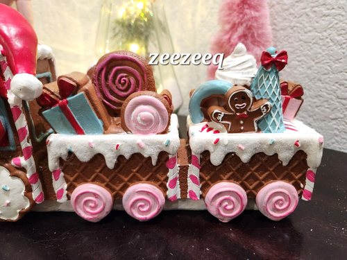 Christmas Gingerbread Candy Pink Santa Train Figurine Figure Tabletop Decor 12" - Picture 3 of 6
