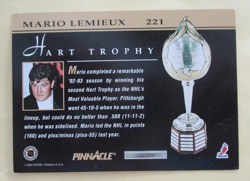 MARIO LEMIEUX Pittsburgh PENGUINS 1993-94 PINNACLE Hart Trophy HOCKEY CARD #221 - Picture 2 of 2
