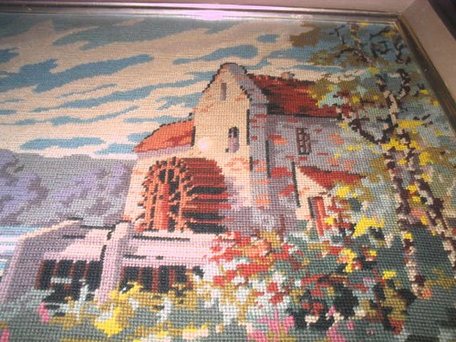 ROYAL PARIS TEXTILE NEEDLEPOINT ART TAPESTRY WOOD FRAME WATER MILL WHEEL COUNTRY - Picture 3 of 5