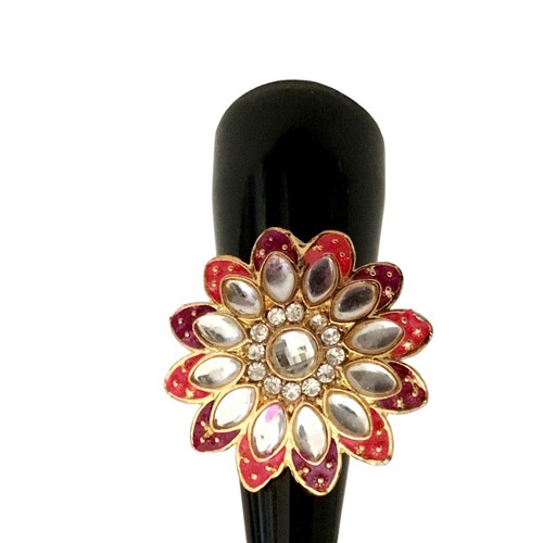 Ethnic Bollywood Style Gold Tone Indian Kundan Bridal Adjustable Cocktail Ring - Picture 7 of 8