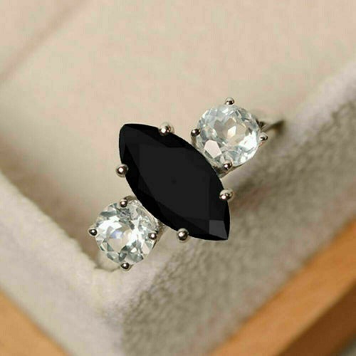 2Ct Marquise Lab-Created Black Diamond Engagement Ring 14K White Gold Finish - Picture 2 of 3