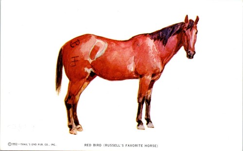 50er Trail's End Postkarte Charles M Russell Cowboy Künstler roter Vogel Lieblingspferd - Bild 1 von 2