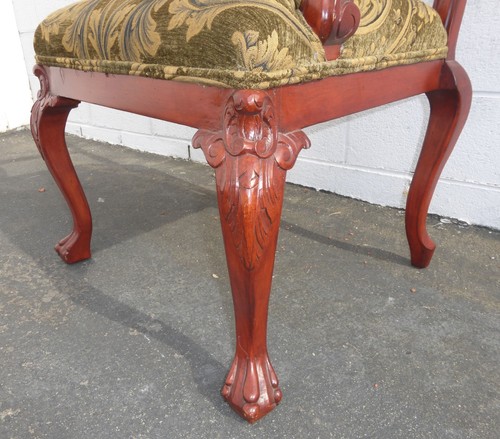 Vintage Chippendale Carved Accent Chair Red Tone Wood Frame Tan Fabric - Picture 12 of 12