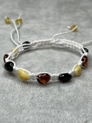 NATURAL Amber Stone Bracelet. Amber Adjustable Bracelet on White String. - Image 1 of 4
