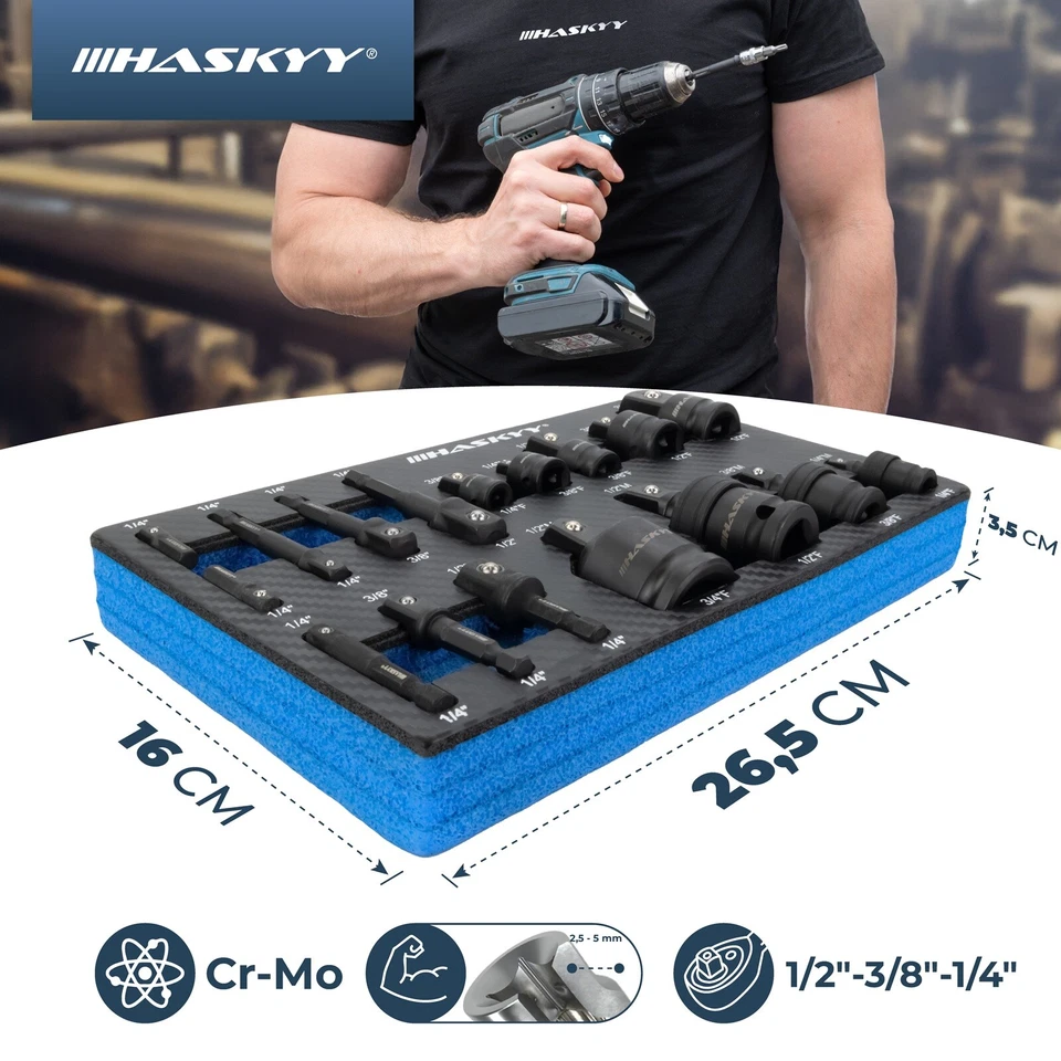 Adapter Stecknuss Kreuzgelenk 17 tlg. Schlagschrauber 1/4" 3/8" 1/2" 3/4" Satz - Bild 2 von 4