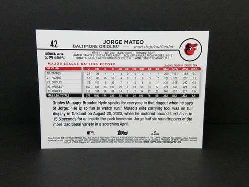 2024 Topps #42 Jorge Mateo, Baltimore Orioles - Yellow Border Parallel Insert - 第 2/2 張圖片