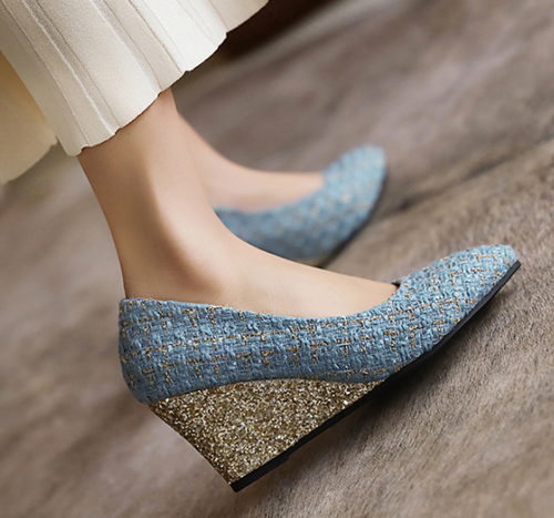 Damenschuhe Keilabsatz spitz zulaufend Freizeit Party Oxford-Schuhe jeansblau Pailletten schick - Bild 8 von 25