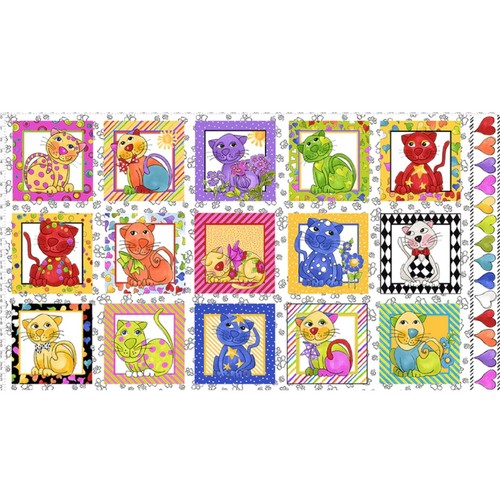 Feline Drive Fabric CAT HAPPY Block Panel White Loralie Designs - By the Panel - Picture 2 of 8
