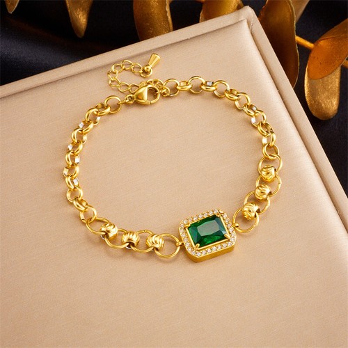 Woman 18K Gold Plated Stainless Steel Heart Green CZ Charm Bracelet Bangle - Picture 8 of 8