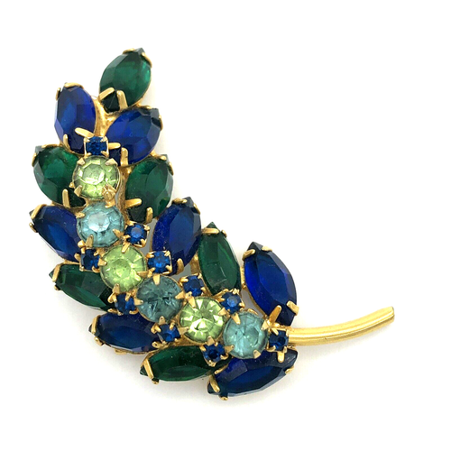 Blue Green Rhinestone Domed Leaf Brooch Vintage - Picture 6 of 12