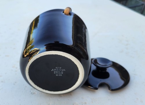 RARE BLACK ARABIA POTTERY SUGAR BOWL WITH CANE HANDLE 10-66 FINLAND c1960s - Picture 8 of 9