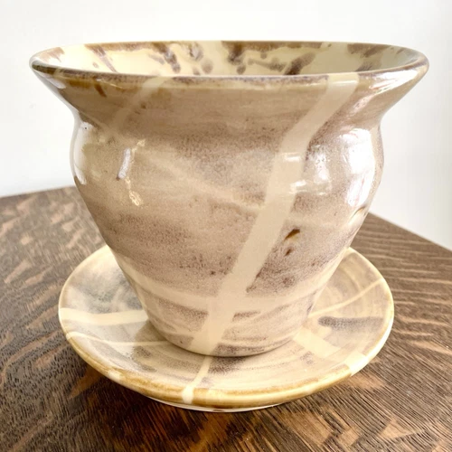 Studio Pottery 5” H x 5.75” D Planter & Under Tray/Plate Set Handmade Signed EC!