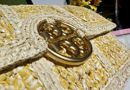 NWT! TORY BURCH Yellow and Cream Crochet Shoulder Bag with Gold Emblem - Picture 11 of 24