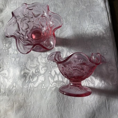 Set Of 2 Fenton Art Glass Strawberry  Dish in Dusty Rose Pink Compote Candy Nuts
