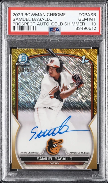 2023 BOWMAN CHROME PROSPECT AUTOS GOLD SHIMMER SAMUEL BASALLO 29/50 PSA 10 AUTO