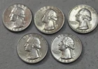 1964 LOT of 5 US Washington Quarters ~ 90% SILVER Content