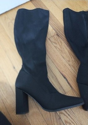 Leg Slimming Wide Fit Knee High Chunky Heel Full Zipper Stretchy Boots Sz 10W