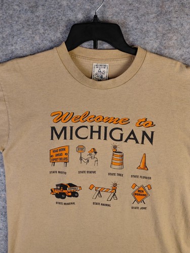 VTG Alore Michigan Construction T-shirt Light Brown Mens L FUNNY Single Stitch