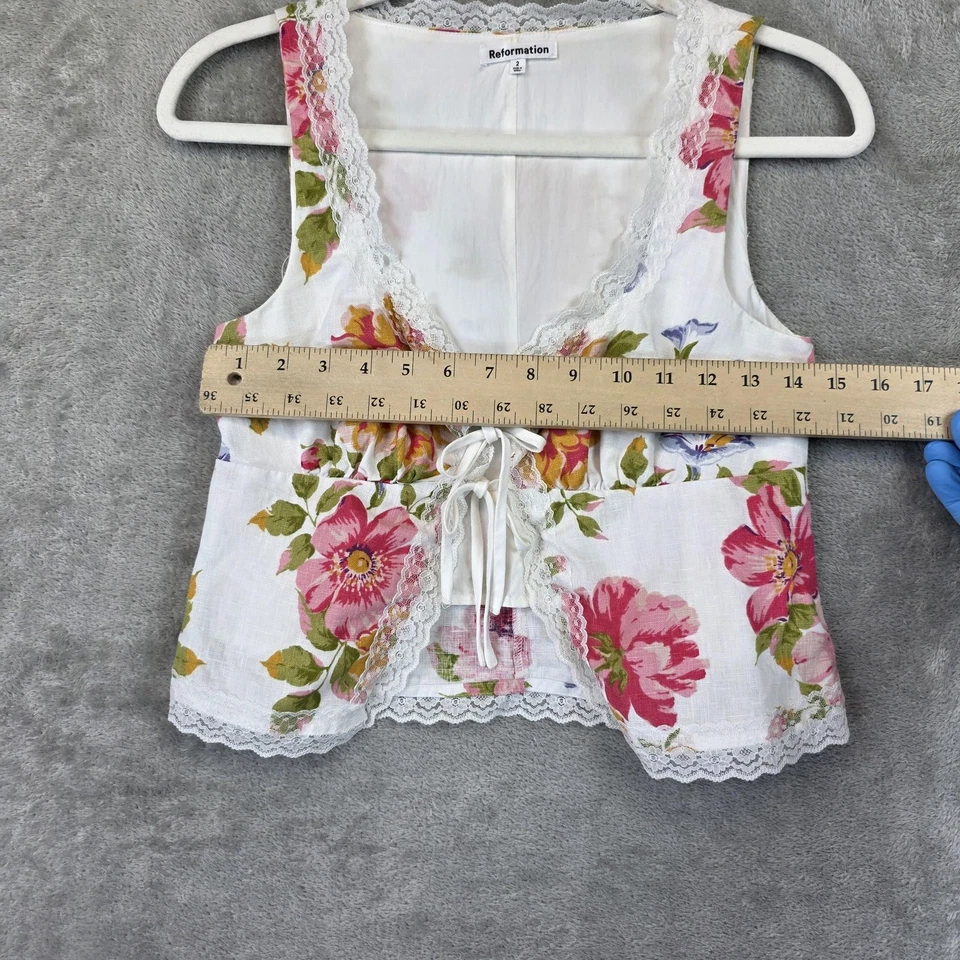 Top Reformation para mujer 2 blanco floral lino encaje ribete corbata frontal sin mangas Foto 4 de 4