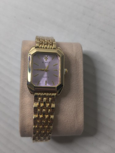  Ximili goldfarbene Edelstahl Quarzuhr rechteckiges Gehäuse rosafarbenes Zifferblatt - Bild 2 von 5