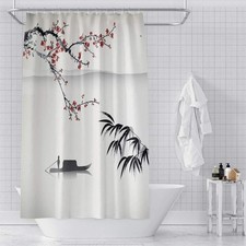 Japanese Shower Curtain Cherry Blossom Bamboo Leaves Boat Asian Art Bath Curt...