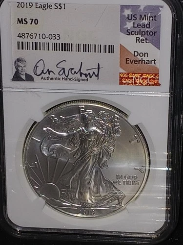 2019 American 90% 1oz Silver Eagle Coin Signed Don Everhart, Sculptor NGC MS70